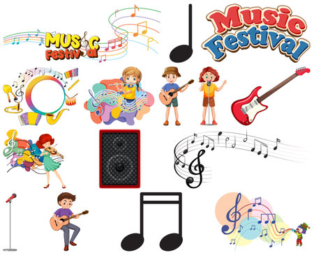 Kids musical instruments and music symbols set illustrationのイラスト素材