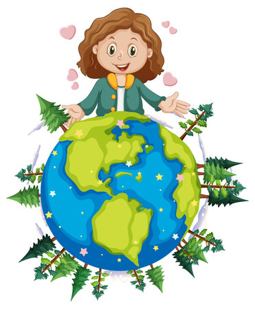 Cute girl on earth planet cartoon illustrationのイラスト素材