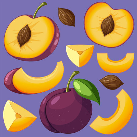 Set of plum fruit cartoon on purple background illustrationのイラスト素材