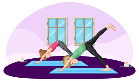 Couple practicing yoga at home illustrationのイラスト素材