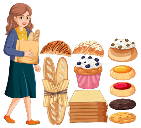 Bread and pastry products with customer illustrationのイラスト素材