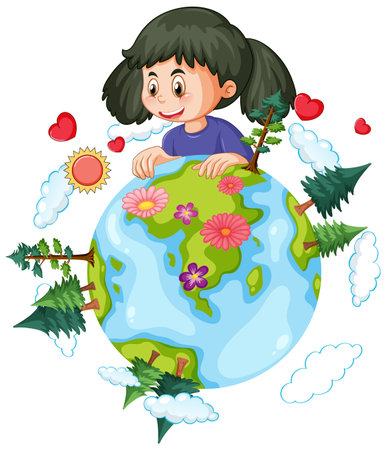 Cute girl on earth planet cartoon illustrationのイラスト素材