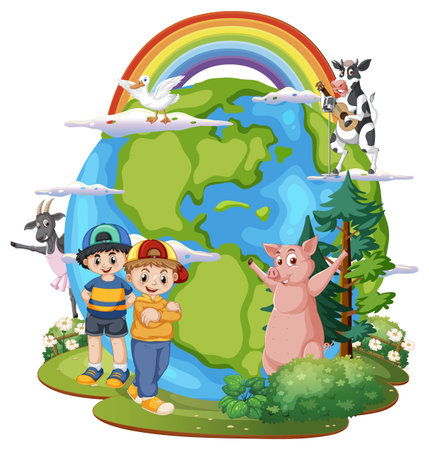 Earth planet with cartoon characters illustrationのイラスト素材