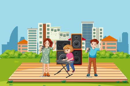 Kids music band at park illustrationのイラスト素材
