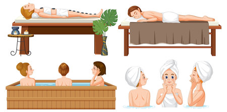 Set of relaxed Woman at spa illustrationのイラスト素材