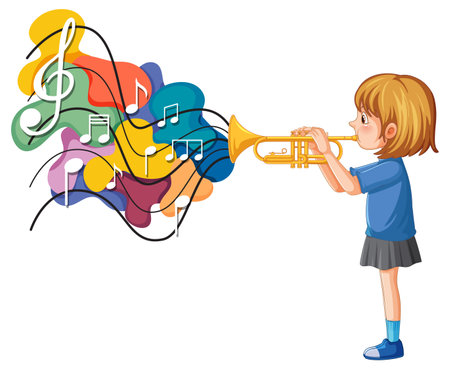 A girl playing trumpet cartoon illustrationのイラスト素材