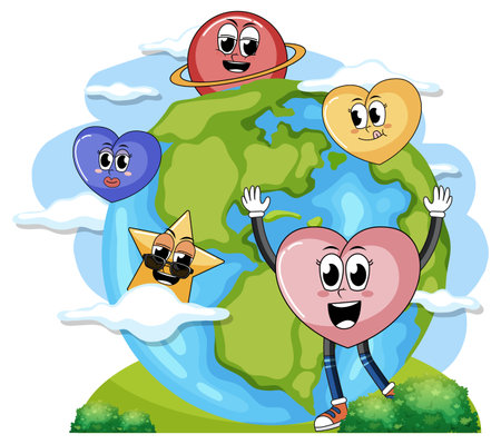 Earth globe with funny cartoon characters illustrationのイラスト素材