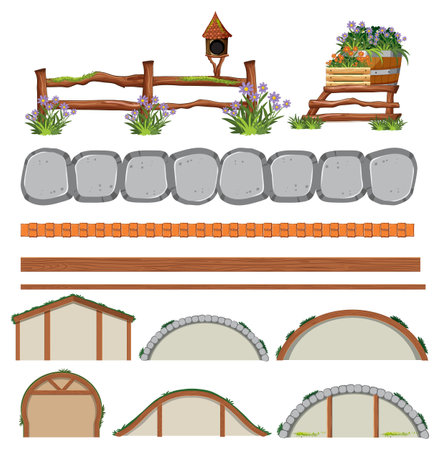 Set of hobbit house with seperate door and window illustrationのイラスト素材