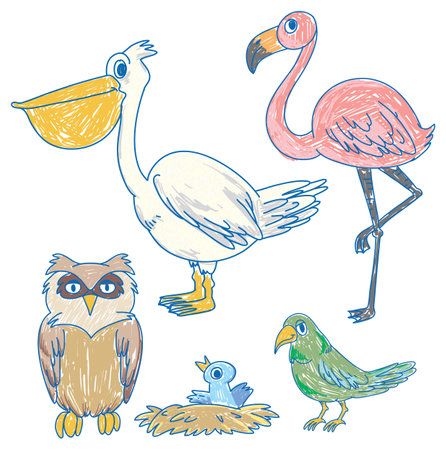 Simple children scribble of birds illustrationのイラスト素材