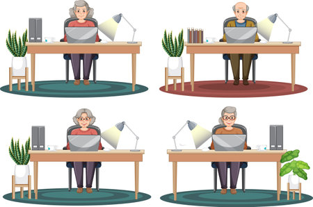 Senior People Using Laptop Set illustrationのイラスト素材