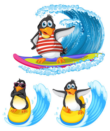 Penguin Cartoon Characters in Summer Theme illustrationのイラスト素材