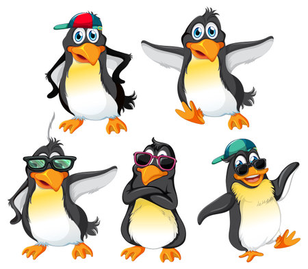 Penguin Cartoon Characters in Summer Theme illustrationのイラスト素材