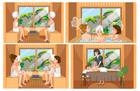 Collection of women enjoying steam room illustrationのイラスト素材