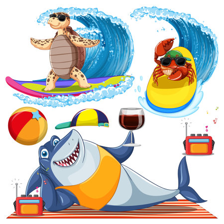 Set of sea creatures cartoon character in summer illustrationのイラスト素材
