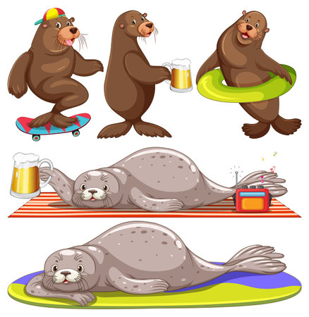 Set of seal cartoon character in the summer illustrationのイラスト素材