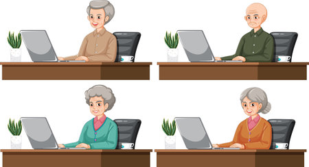 Senior People Using Laptop Set illustrationのイラスト素材