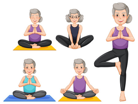 Set of grandmother doing yoga illustrationのイラスト素材
