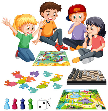 Set of children and board game illustrationのイラスト素材