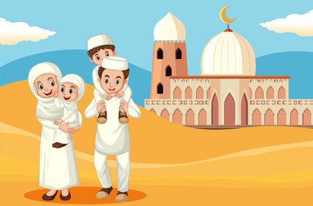Muslim Family Traveling in the Desert illustrationのイラスト素材