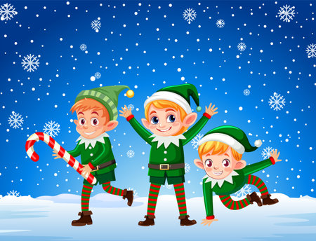 Christmas elfs cartoon character at outdoor snow winter illustrationのイラスト素材