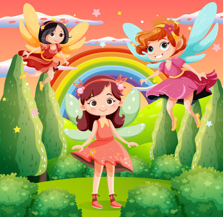 Fairy princess cartoon at magic land background illustrationのイラスト素材