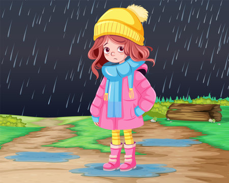 Girl out in the rain in winter illustrationのイラスト素材