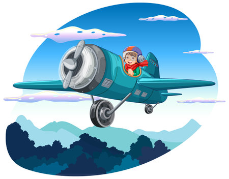 Happy Boy Riding Plane in the Sky illustrationのイラスト素材