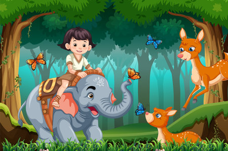 A Girl Riding Elephant in the Jungle illustrationのイラスト素材
