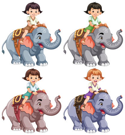 Collection of different kids riding elephants illustrationのイラスト素材