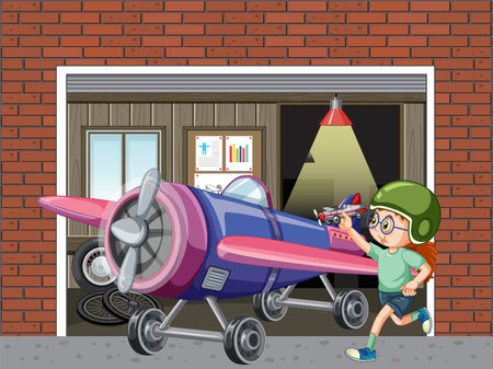 A plame parking at hangar with kid around illustrationのイラスト素材
