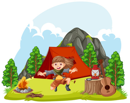 Tent Camp Scene with Girl Character illustrationのイラスト素材