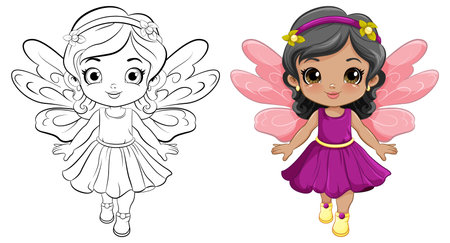 Fairy Girl in Beautiful Dress Outline for Colouring illustrationのイラスト素材