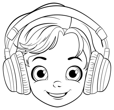 Boy head wearing headset doodle outline illustrationのイラスト素材