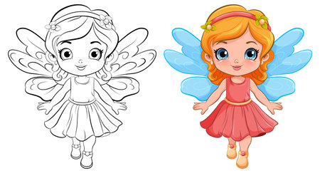Fairy Girl in Beautiful Dress Outline for Colouring illustrationのイラスト素材