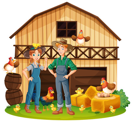 Cute young couple farmer at the farm illustrationのイラスト素材