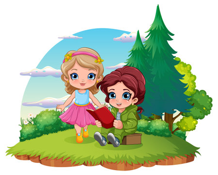 Cute Girl Reading Book in the Garden illustrationのイラスト素材