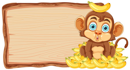 Cute monkey with wooden sign board illustrationのイラスト素材