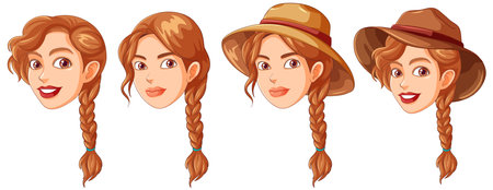 Collection of Women with Pigtail Hairstyles illustrationのイラスト素材