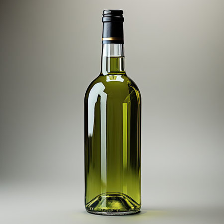 A green glass wine bottle in bright white lighting.の素材