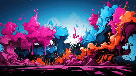 Design an abstract background inspired by urban graffiti art. Use vibrant and contrasting colors like electric blue, hot pink, and neon green. Incorporate abstract shapes, spray paint effects, and intricate line work to capture the energetic and rebellious spirit of street art.の素材