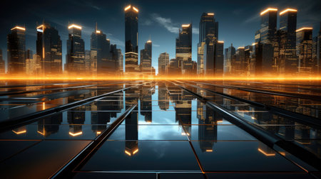 A futuristic cityscape with luminous 3D objects in the style of technological design. The color scheme should include dark orange and light gold tones. Think of innovative techniques and webcore influences to create a dynamic and visually striking scene.の素材