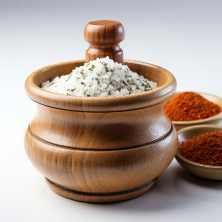 A ceramic mortar and pestle with a smooth surface, perched perfectly on a white base.の素材