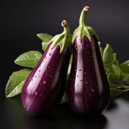 A pair of vibrant, deep purple eggplants, their glossy skin gleaming, on a stark white background.の素材