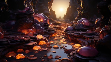 A close-up view of various agates on rocks transformed into a surreal 3D landscape. Use a color scheme that combines violet and brown tones with hints of dark orange and light black. Apply vray tracing techniques to achieve realistic lighting and emphasize the whimsical topography of the scene.の素材