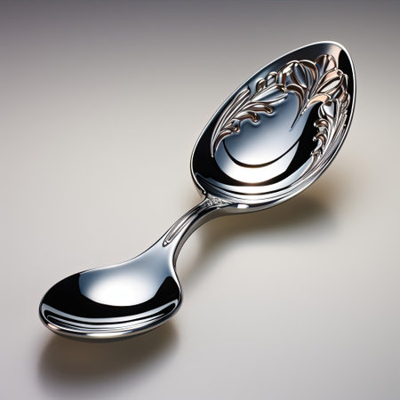 An elegant silver serving spoon, its polished surface catching the light.の素材