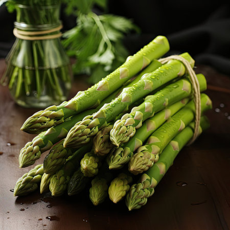 A bunch of fresh, vibrant green asparagus, their tips detailed, on a clean white surface.の素材
