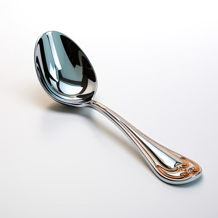 A metal slotted spoon, its silhouette creating a shadow pattern on the white backdrop.の素材