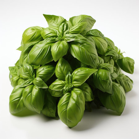A bunch of fresh green basil on a white backdrop.の素材