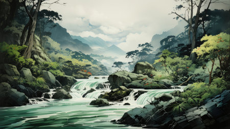 Background image illustrating cascading waterfalls, rendered in the tranquil style of Japanese Ukiyo-e, with colors of misty blues and forest greens and flowing water effects, like a digital woodblock print.の素材