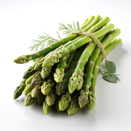 A bunch of fresh, vibrant green asparagus, their tips detailed, on a clean white surface.の素材